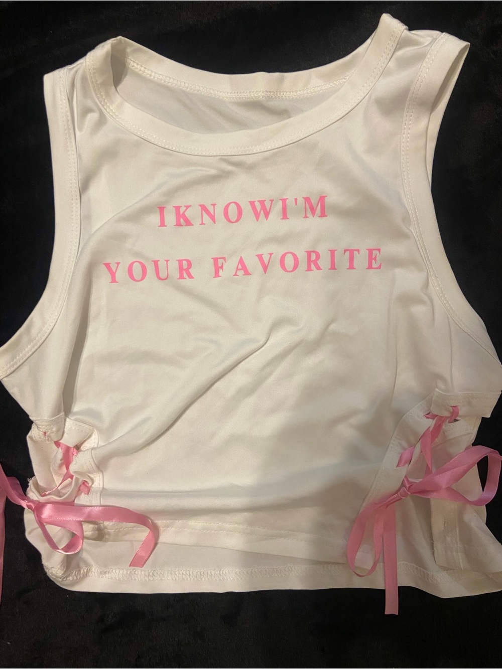 White Sleeveless Crop Top with Pink Lettering and Ribbon Ties